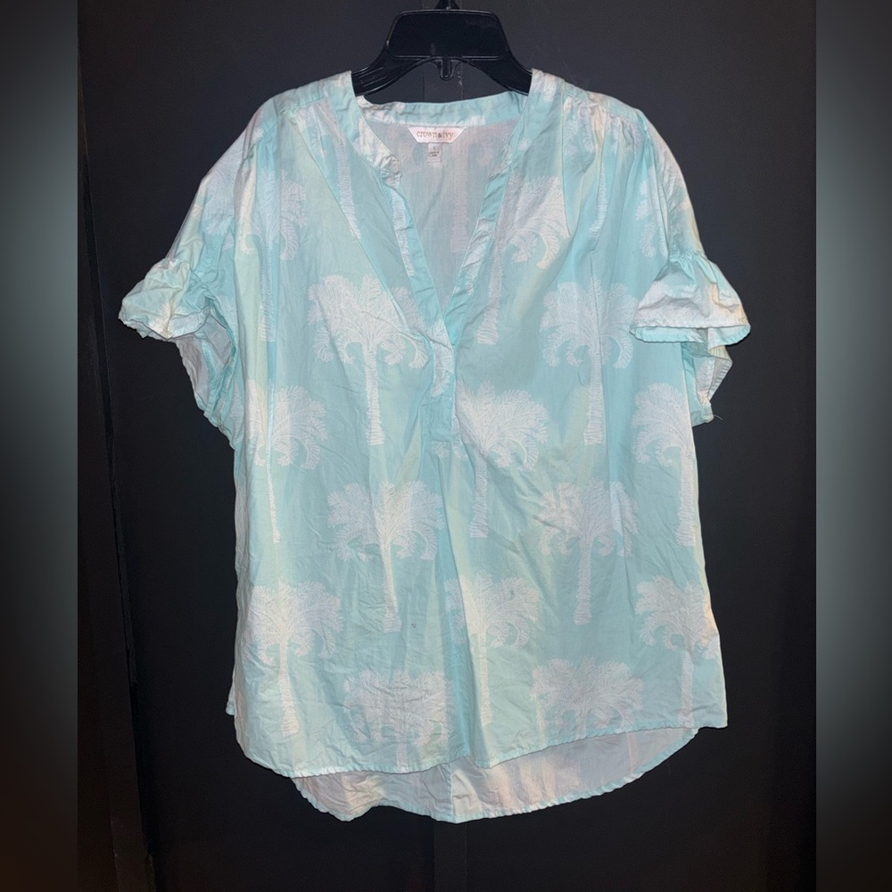 Crown & Ivy Light Blue Palm Print Blouse